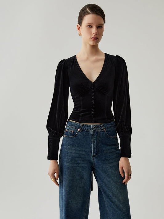 Velvet Buttoned V-Neck Long Sleeve Short Top