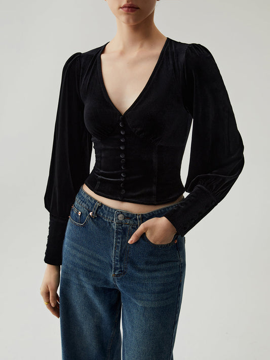 Velvet Buttoned V-Neck Long Sleeve Short Top