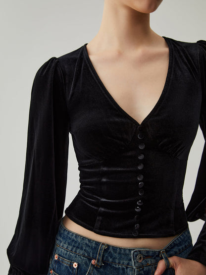 Velvet Buttoned V-Neck Long Sleeve Short Top