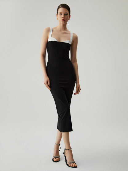 Bodycon Yamalı Kalp Yaka Kamisole Midi Elbise