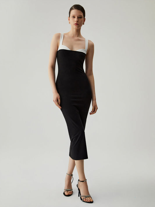 Bodycon Yamalı Kalp Yaka Kamisole Midi Elbise