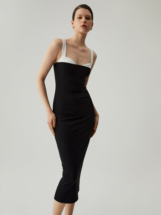 Bodycon Yamalı Kalp Yaka Kamisole Midi Elbise