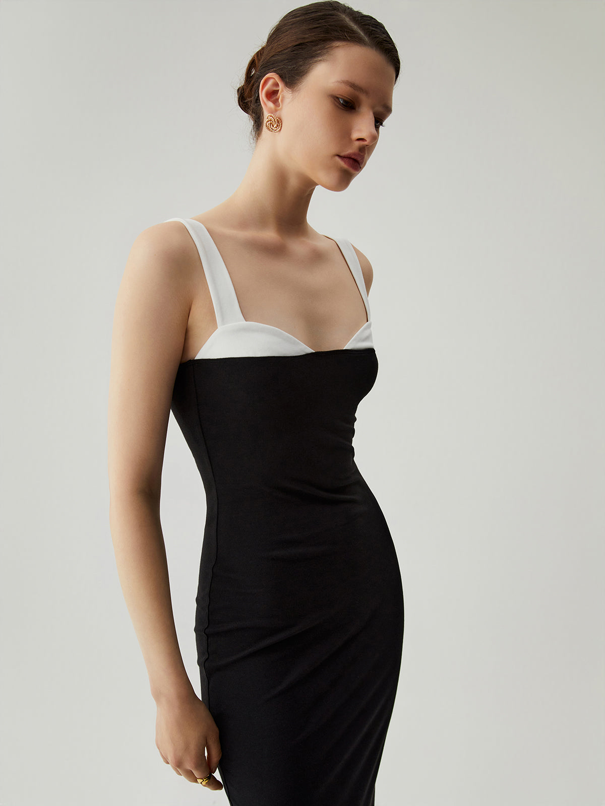 Bodycon Yamalı Kalp Yaka Kamisole Midi Elbise