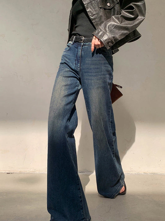 Eski Stil Düşük Bel Yıkanmış Geniş Paça Kot Pantolon