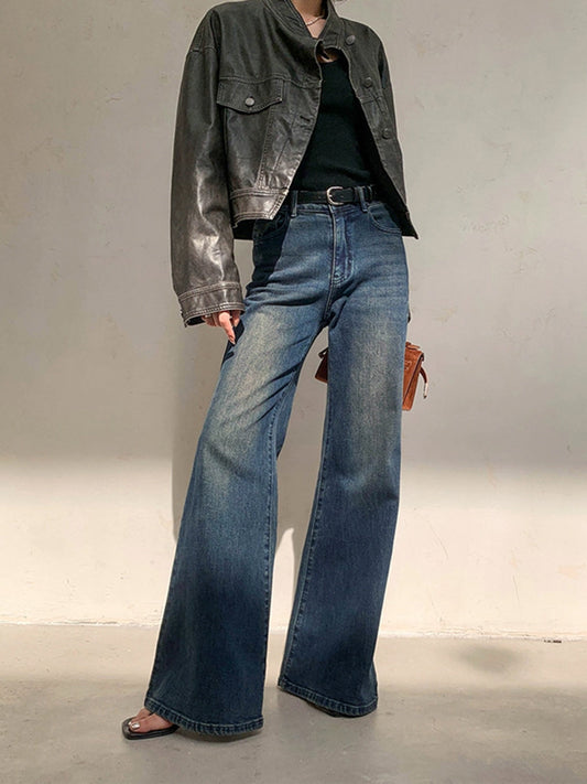 Eski Stil Düşük Bel Yıkanmış Geniş Paça Kot Pantolon