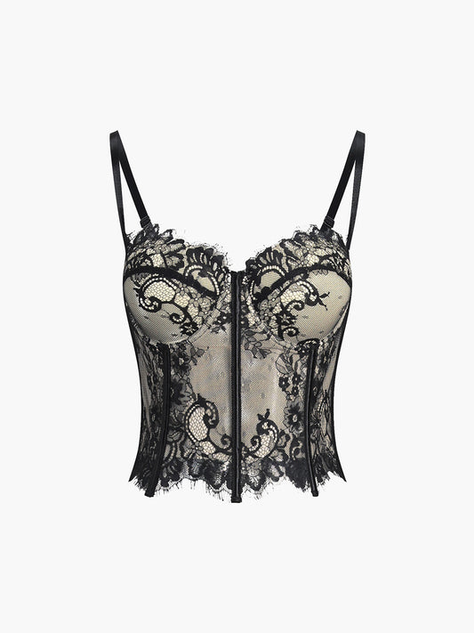 Flower Patterned Lace Semi-Transparent Corset
