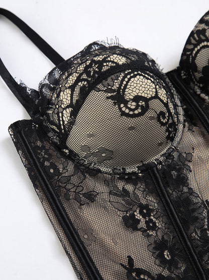 Flower Patterned Lace Semi-Transparent Corset