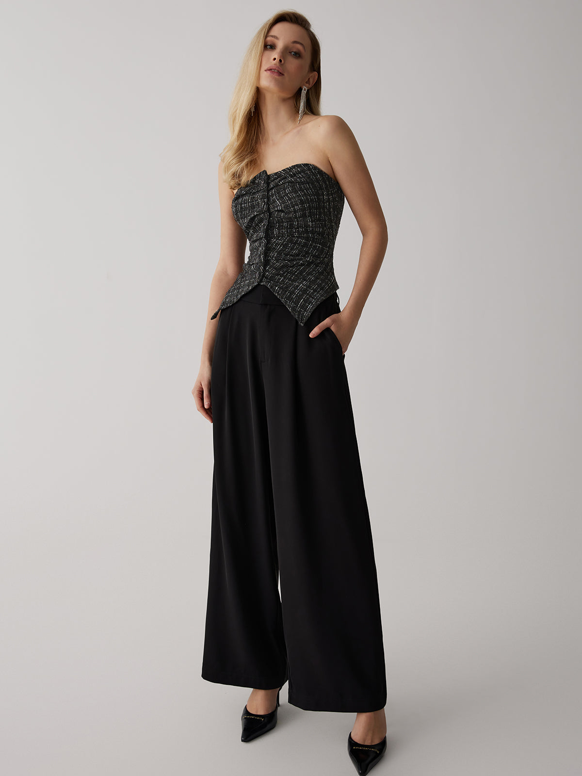 Tweed Düğme Şifon Askılı Üst