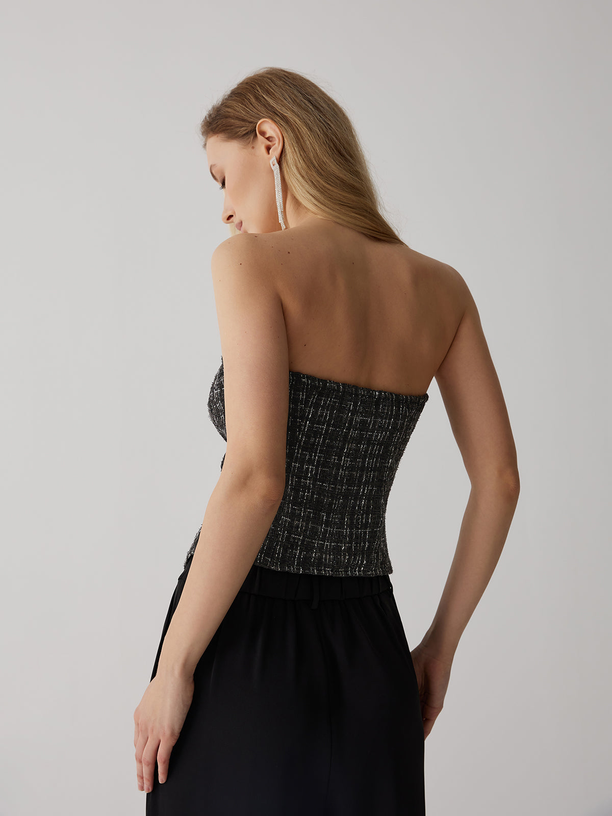 Tweed Düğme Şifon Askılı Üst