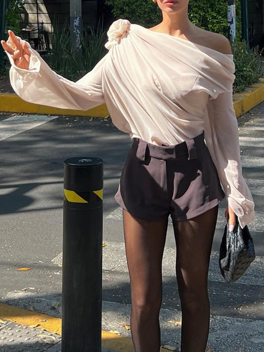 Chiffon Yarı Şeffaf Tek Omuz Asimetrik Bluz