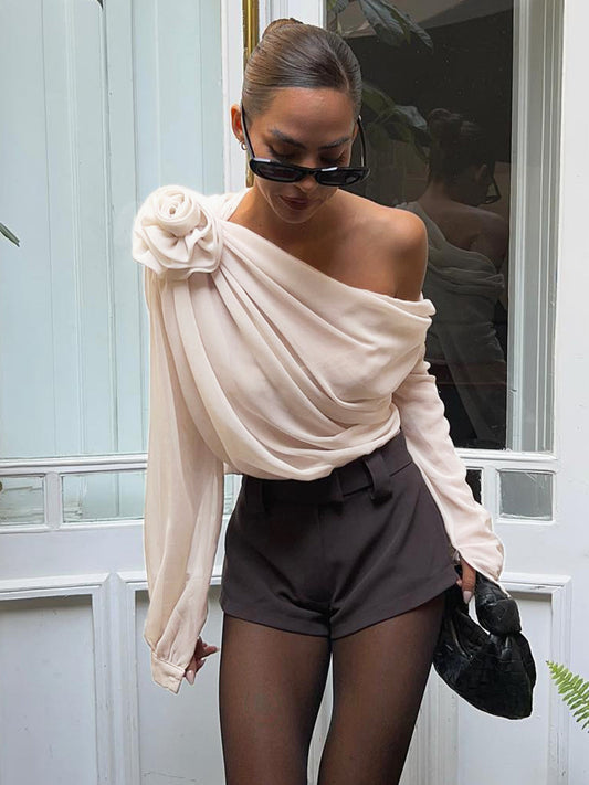 Chiffon Yarı Şeffaf Tek Omuz Asimetrik Bluz
