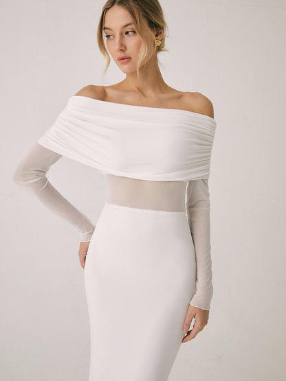 Yarı Şeffaf Tek Omuzlu File Uzun Kolu Uzun Elbise