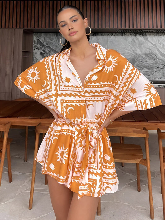 Boho Güneş & Ay Desenli Kısa Tulum