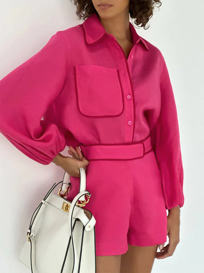 Pamuk ve Keten Kontrast Dikiş İki Parça Şort Takımı