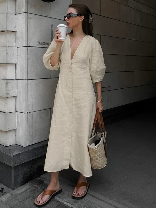 Cotton and Linen Button Front Tie Long Dress