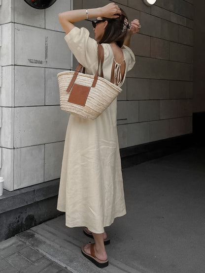 Cotton and Linen Button Front Tie Long Dress