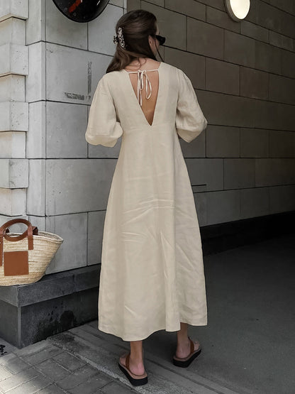 Cotton and Linen Button Front Tie Long Dress