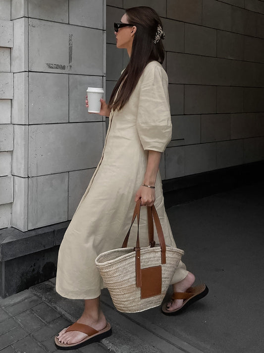 Cotton and Linen Button Front Tie Long Dress