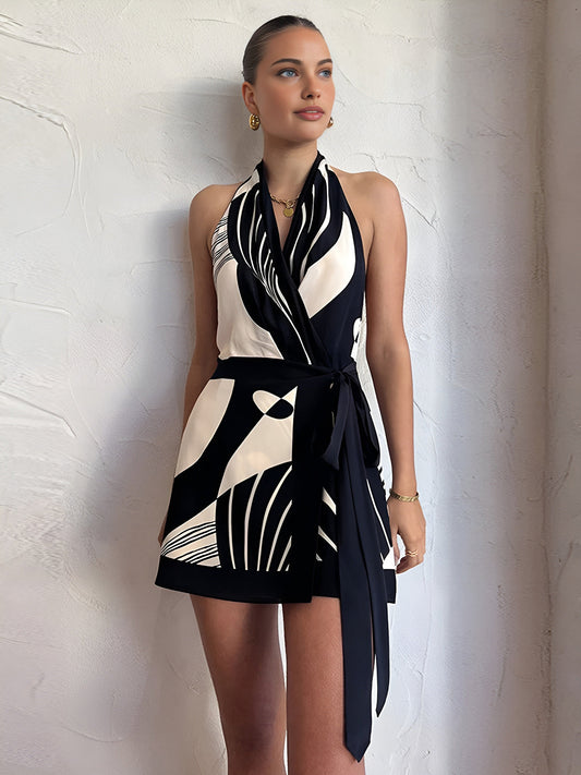Printed Halter Belted Short Dress