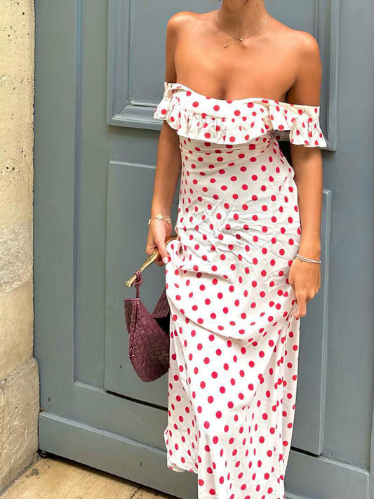 Tatlı Polka Nokta Fırfırlı Kenar Off-Shoulder Uzun Elbise