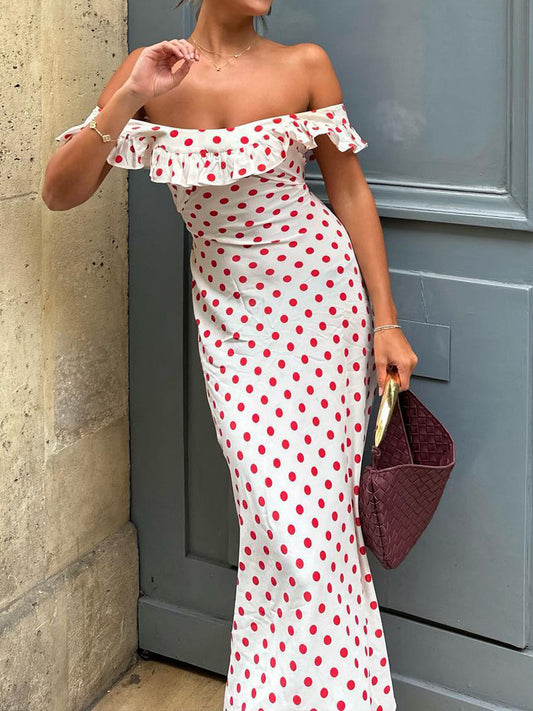 Tatlı Polka Nokta Fırfırlı Kenar Off-Shoulder Uzun Elbise