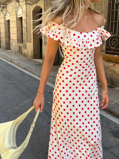 Tatlı Polka Nokta Fırfırlı Kenar Off-Shoulder Uzun Elbise