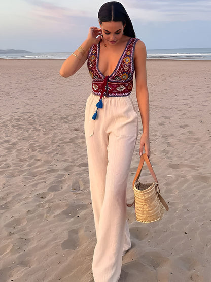 Boho Nakışlı Düğüm Detaylı Kısa Fantezi Bluz