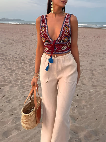 Boho Nakışlı Düğüm Detaylı Kısa Fantezi Bluz