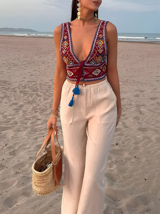 Boho Nakışlı Düğüm Detaylı Kısa Fantezi Bluz