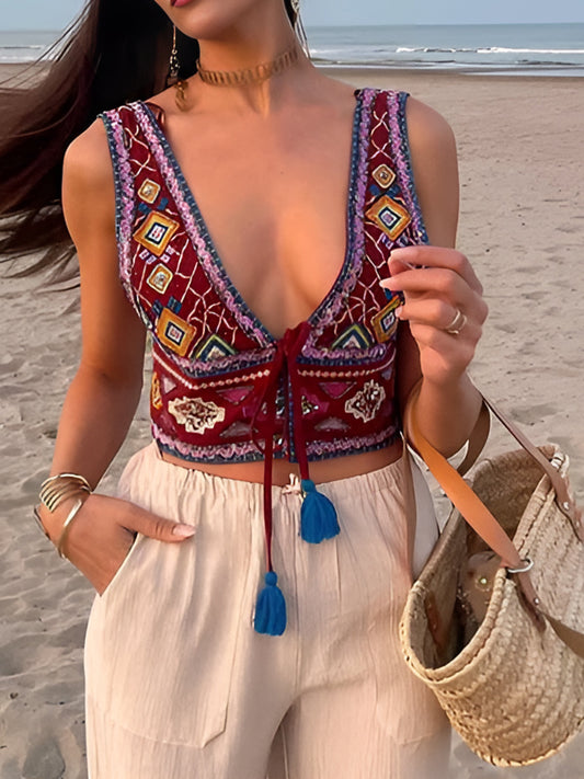 Boho Nakışlı Düğüm Detaylı Kısa Fantezi Bluz