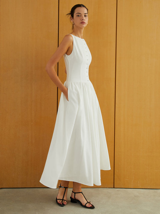 Button-Front Strap Pocket Long Dress