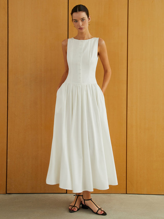 Button-Front Strap Pocket Long Dress