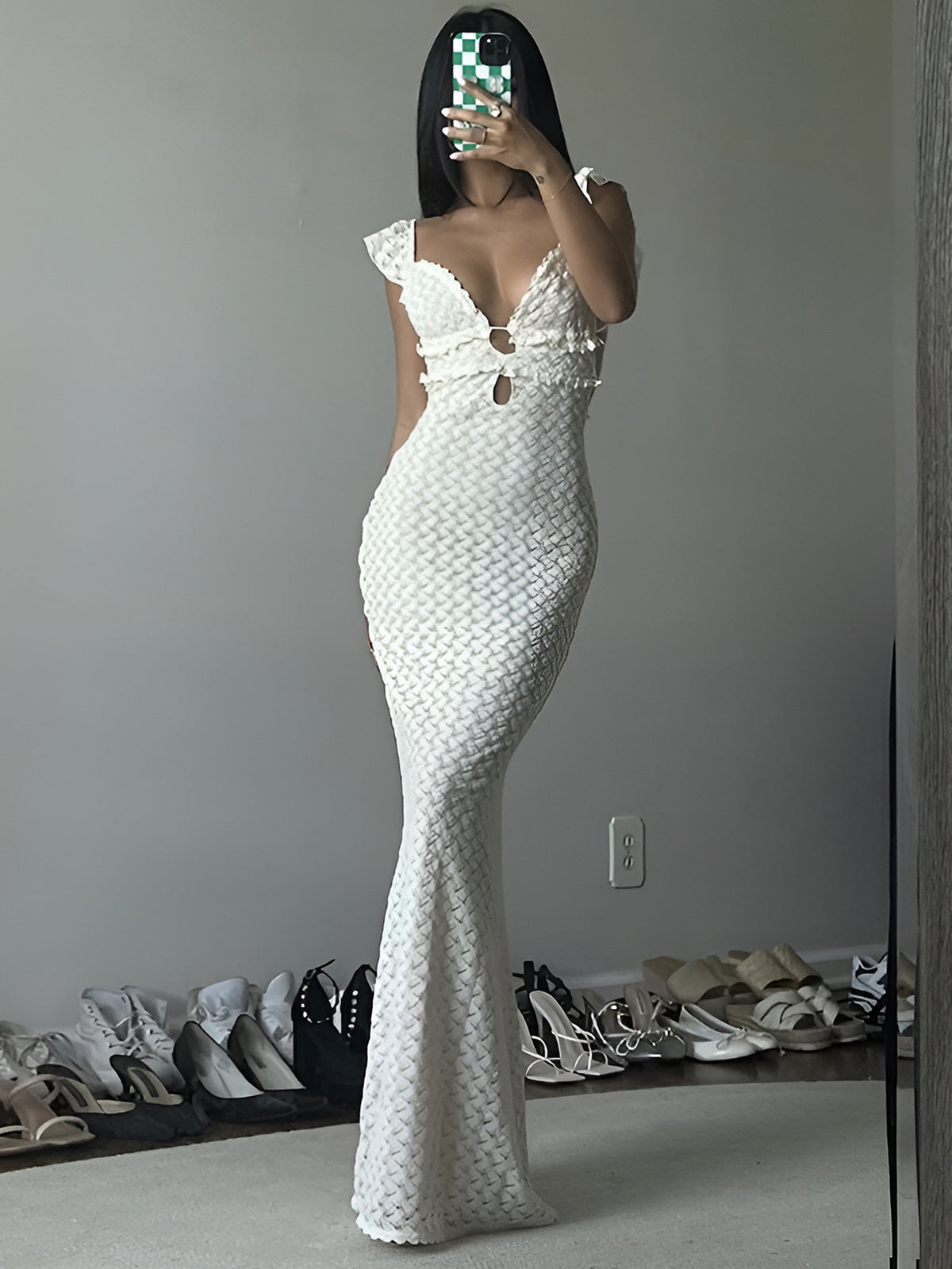 Yarı Şeffaf İnci Gömlek Yaka Detaylı Uzun Elbise