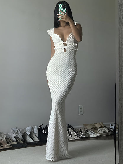 Yarı Şeffaf İnci Gömlek Yaka Detaylı Uzun Elbise