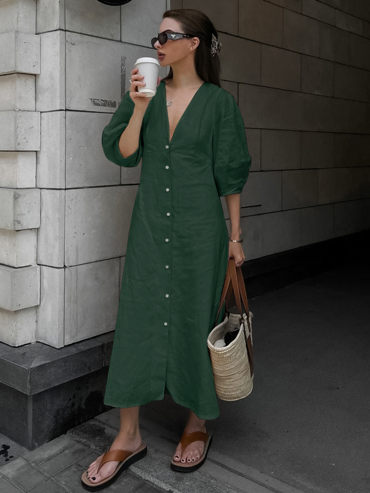 Cotton and Linen Button Front Tie Long Dress