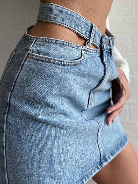 Denim Yüksek Bel Kesik Kısa Etek