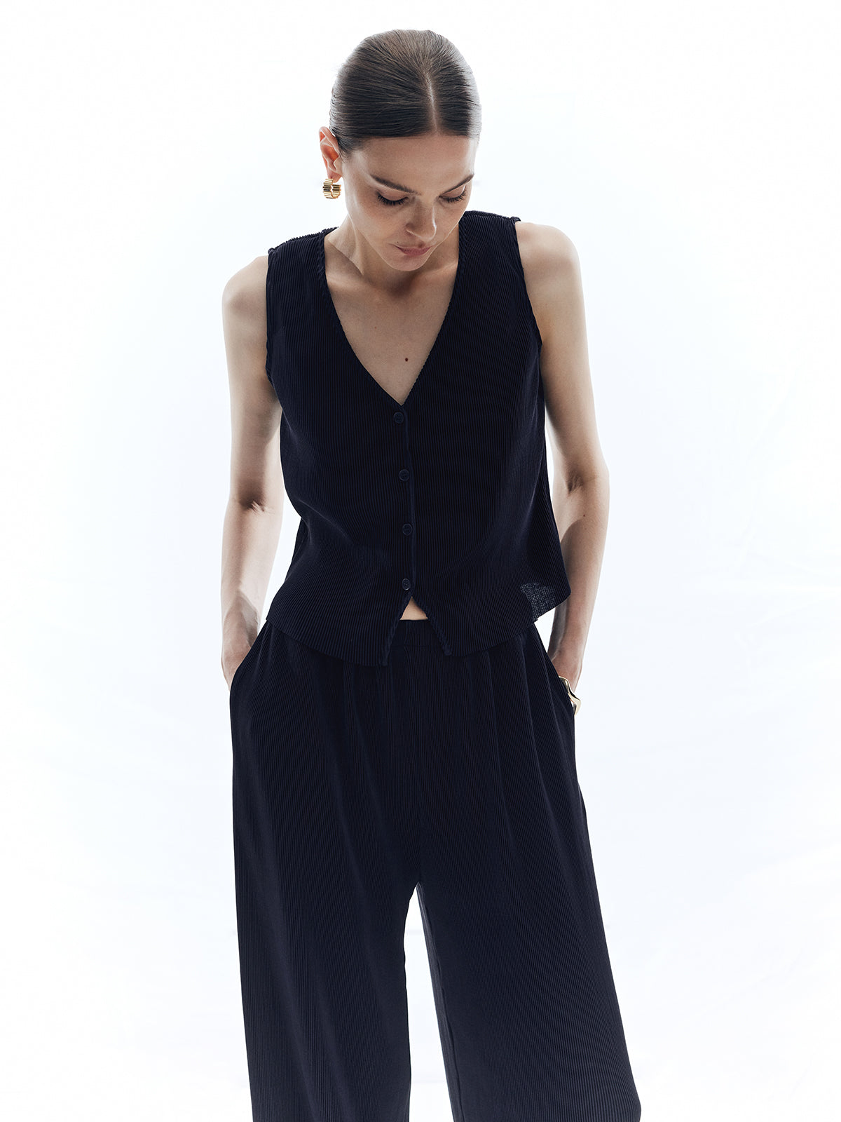 Saten Düz V-Yaka Pantolon Seti