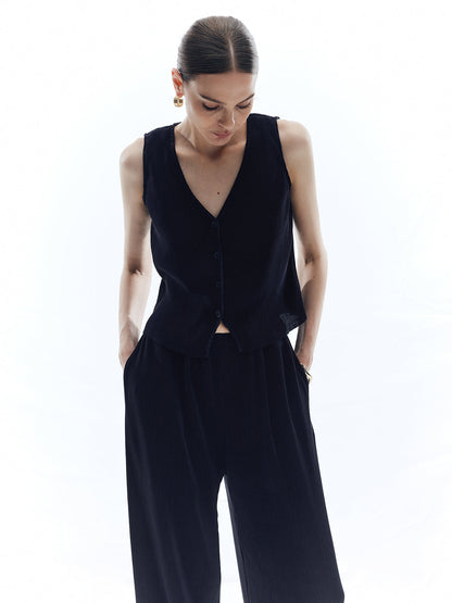 Saten Düz V-Yaka Pantolon Seti