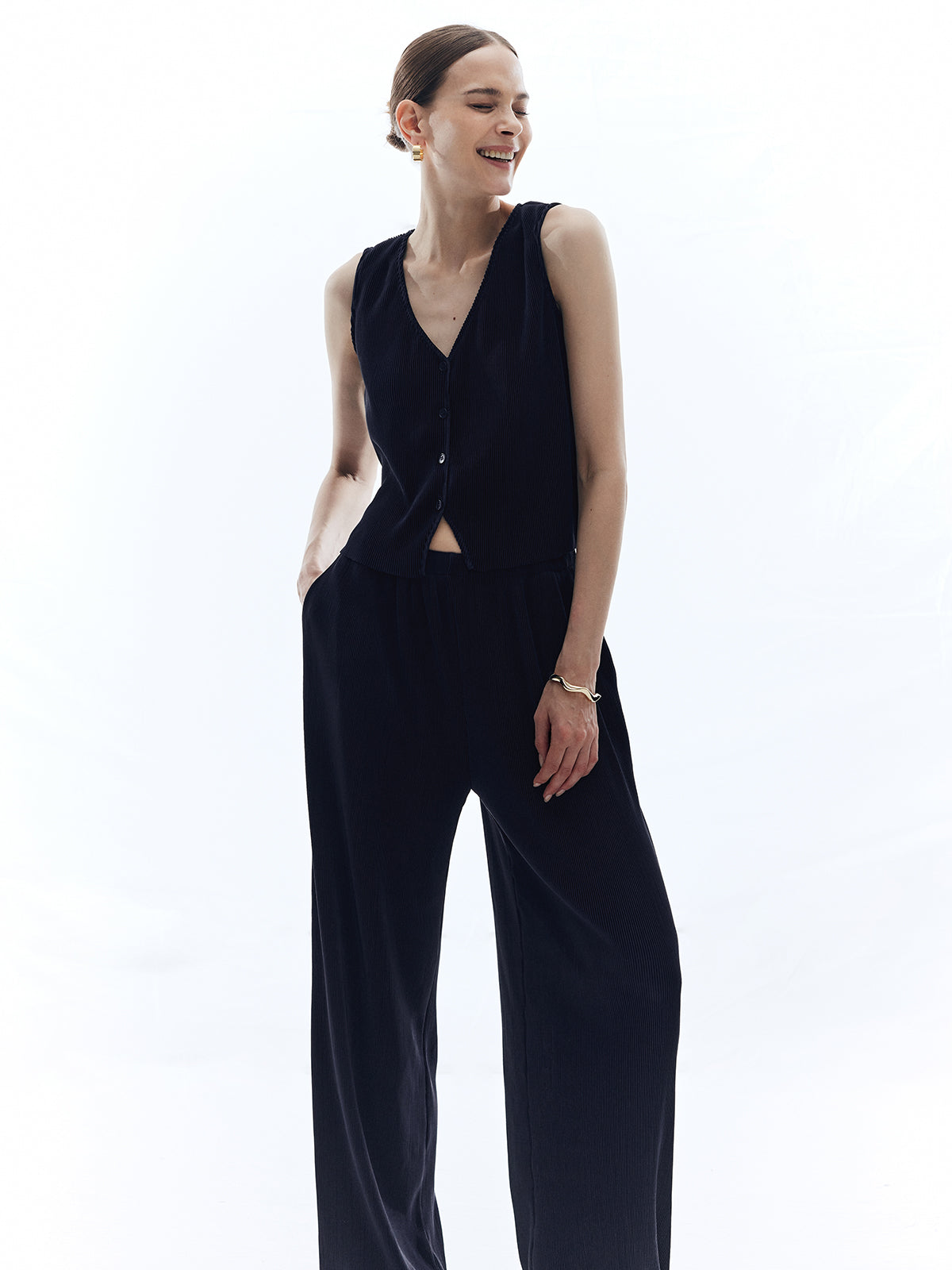 Saten Düz V-Yaka Pantolon Seti