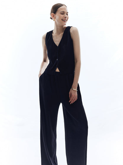 Saten Düz V-Yaka Pantolon Seti