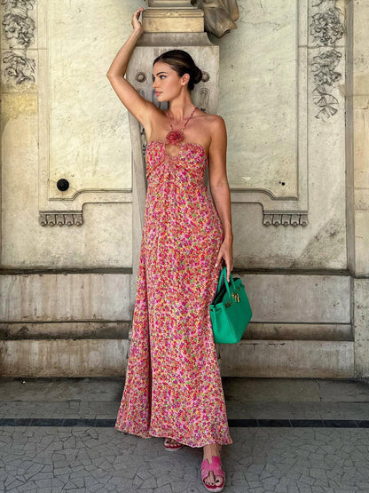 Boho Çiçek Desenli Roset Dekor Askılı Uzun Elbise