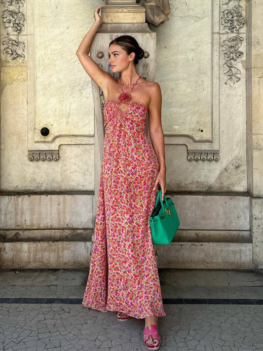 Boho Çiçek Desenli Roset Dekor Askılı Uzun Elbise