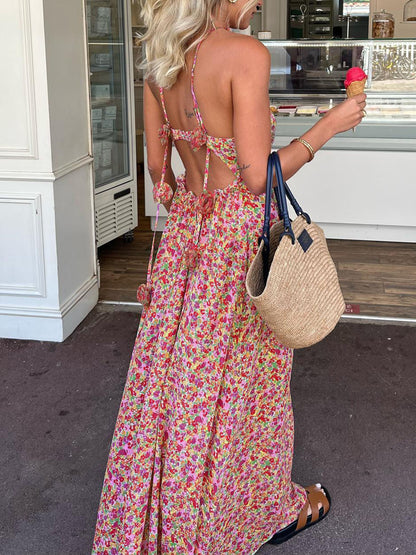 Boho Çiçek Desenli Roset Dekor Askılı Uzun Elbise