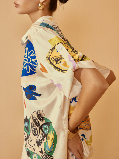 Saten Grafiti Kolları Düşük Pantolon Takımı