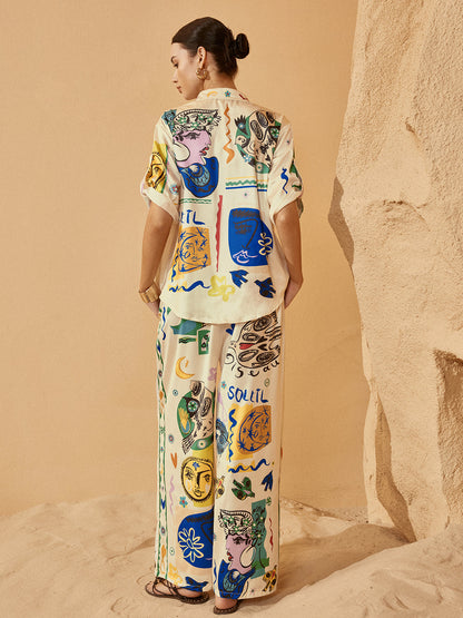 Saten Grafiti Kolları Düşük Pantolon Takımı