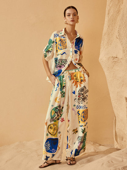 Saten Grafiti Kolları Düşük Pantolon Takımı