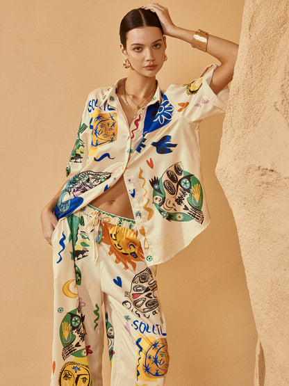 Saten Grafiti Kolları Düşük Pantolon Takımı