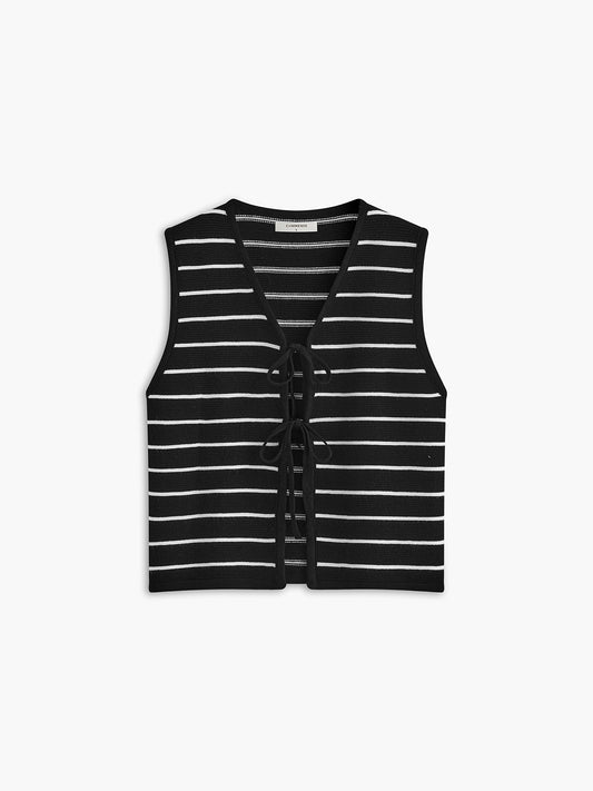 Çizgili V Yaka Kemerli Sweatshirt Yeleği