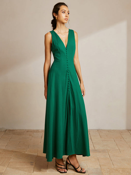 Sleeveless Buttoned V Neck Dress