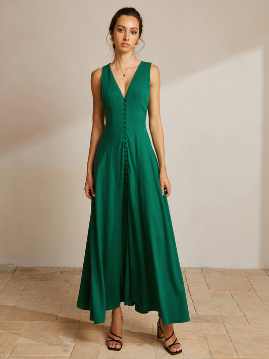 Sleeveless Buttoned V Neck Dress
